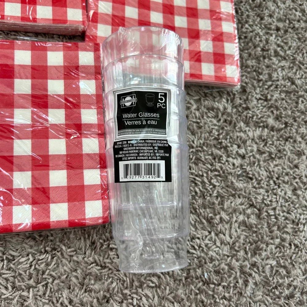 Red Gingham Picnic Party Supplies Napkins Tumblers Water Glasses Set 5 Packs NEW